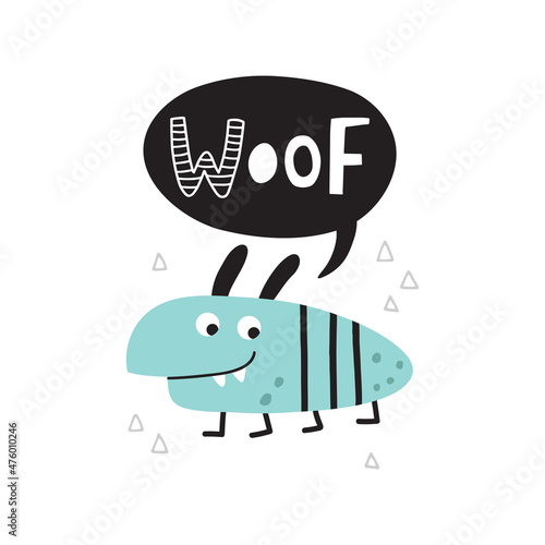 vector image of cute monster and lettering text