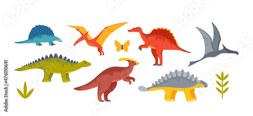 Cute Baby Dinosaurs, Dragons and Funny Dino Characters Set. Isolated Fantasy Colorful Prehistoric Happy Wild Animals Tyrannosaurus Rex, Stegosaurus, Pterodactyl Figures. Cartoon Vector Illustration