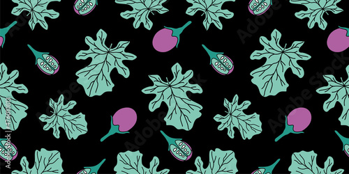 Graphic linear silhouette leaves with black background. Vector seamless pattern. Vintage pattern.