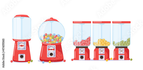 Set of Gumball Machines with Candies, Full and Empty transparent Dispensers, Vending Machines with Colored Bubble Gums
