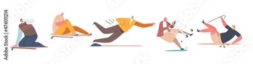 Set of Senior Male and Female Character Falling Down on the Ground due to Slippery Road, Clumsiness or Health Problem