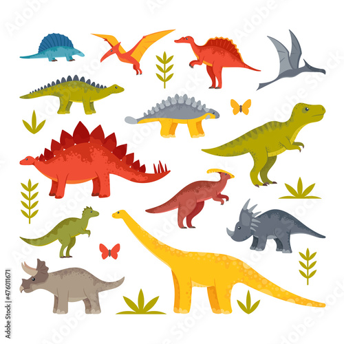 Fototapeta Naklejka Na Ścianę i Meble -  Cute Baby Dinosaurs, Dragons and Funny Dino Characters Set. Tyrannosaurus Rex, Stegosaurus, Pterodactyl, Brontosaurus