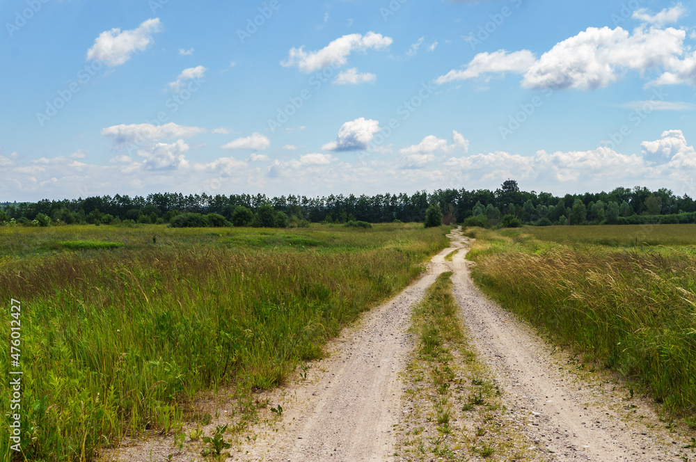 A long road in an arable field. Farmland. A beautiful field road A long road in an arable field. Farmland. A beautiful field road