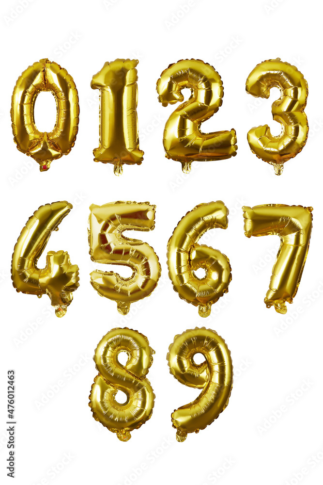Shot of bright golden balloons. The balloons are shaped as numbers from 0 to 9. The balloons on the white background. Shot of bright golden balloons. The balloons are shaped as numbers from 0 to 9. The balloons on the white background.