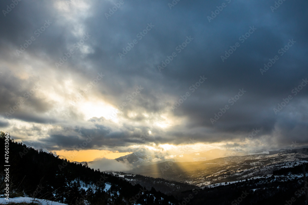 Fototapeta premium Winter sunset in Camprodon mountains, Pyrenees, Girona, Spain