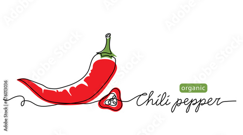Chili pepper vector color illustration. Strings of hot red pepper for label design. One continuous line art drawing with chili pepper lettering