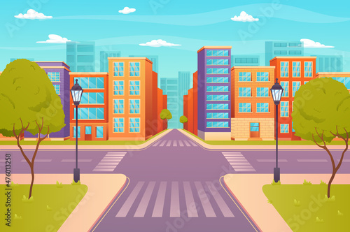 Crossroads on city street view concept in flat cartoon design. Cityview with roadway, sidewalk with lanterns, buildings, skyscrapers on horizon. Urban infrastructure. Vector illustration background