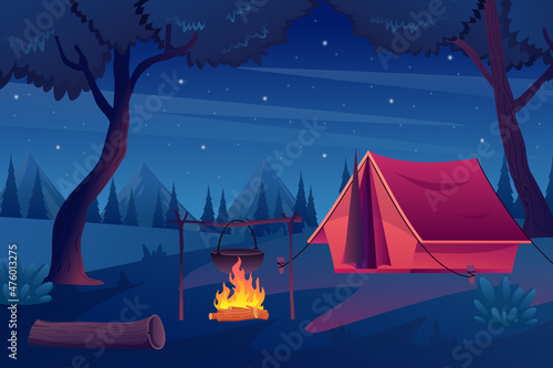 Fotografie, Obraz Trekking with tent in forest concept in flat cartoon design