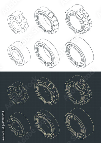 Bearings sectional view isometric blueprints Set
