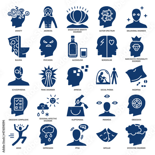 Mental illness icon set in flat style