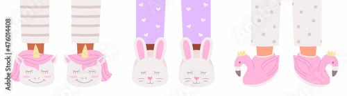 Feet in cute unicorns, hares and flamingos slippers for hen-party or childrens pajama party. Vector illustration in flat style.