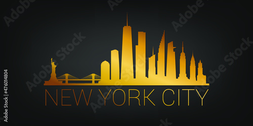 New York, NY, USA Gold Skyline City Silhouette Vector. Golden Design Luxury Style Icon Symbols. Travel and Tourism Famous Buildings.
