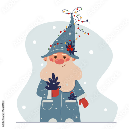 Nice cartoon Christmas dwarf in a hat decorated garland.