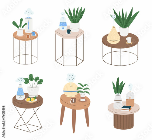 Collection of different coffee tables with humidifiers and houseplants, cups, books, plate. Vector illustration in flat style