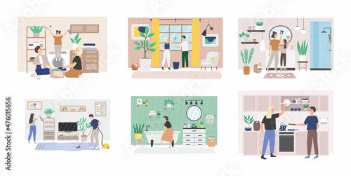 Scenes with people doing housework