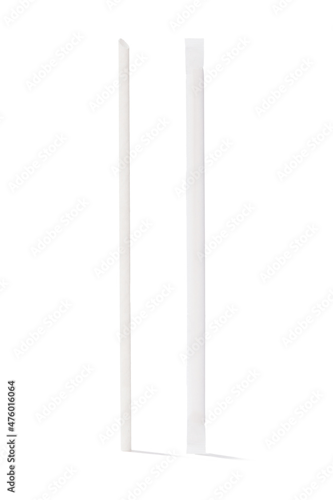 Detailed shot of a white paper cocktail straw and the same straw in a white individual packaging. The cocktail straws are isolated on the white background.