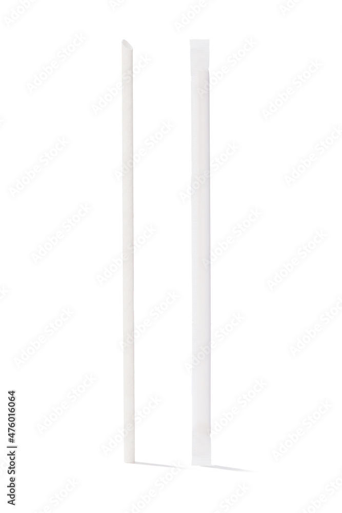 Detailed shot of a white paper cocktail straw and the same straw in a white individual packaging. The cocktail straws are isolated on the white background. Detailed shot of a white paper cocktail straw and the same straw in a white individual packaging. The cocktail straws are isolated on the white background.