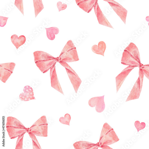 Watercolor seamless pattern with hearts and bows isolated on white background. Hand drawn watercolor illustration.