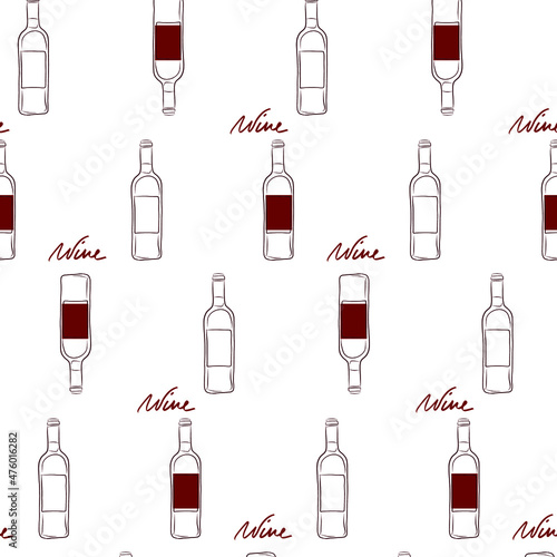 Simple lined wine bottles vector pattern on the white background. Stylish design. Flat bottle picture. Bordeaux. Luxury red wine. French mitives. Red label. Rich alcohol beverage. Transparent objects.
