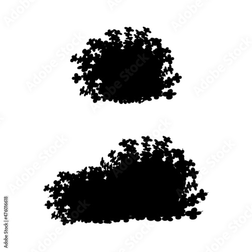 Set of monochrome silhouette of shrubs and trees. Decorative design element in black and white colors.Horizontal panorama with thicket of  garden plants.