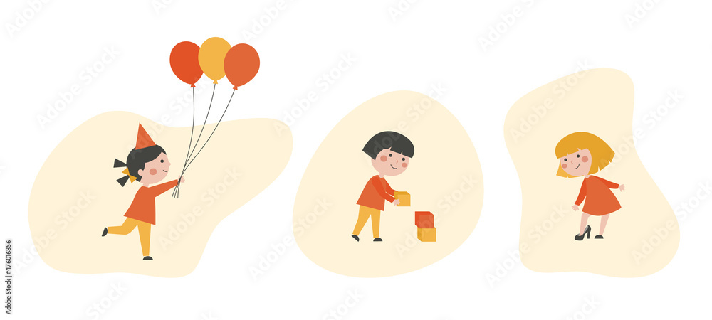 Vector illustration of three cartoon girl icons on white background.