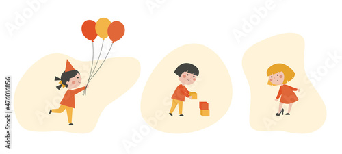 Vector illustration of three cartoon girl icons on white background.