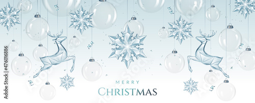 Christmas and New Year greeting card with transparent blue snowflakes  deers and balls.