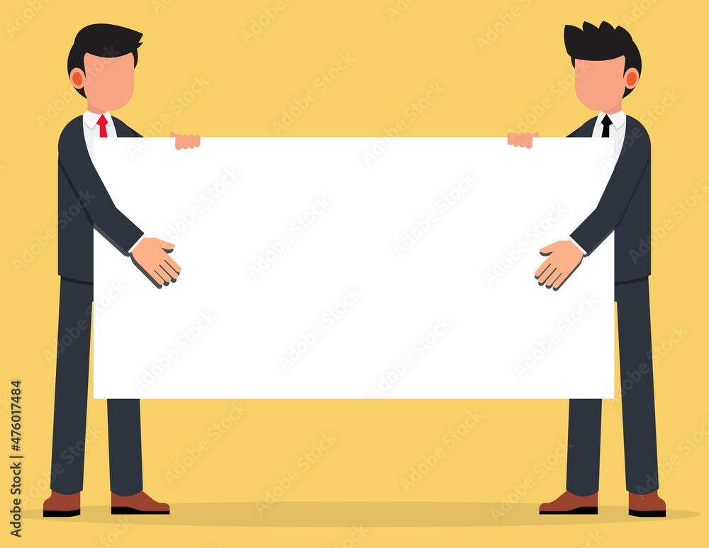 Two Businessman standing and displaying a white placard to write it on your own text. demonstration concept Two Businessman standing and displaying a white placard to write it on your own text. demonstration concept