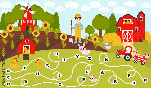 Make words from letters labyrinth, printable worksheet for studying english for kids in cartton style with farmer