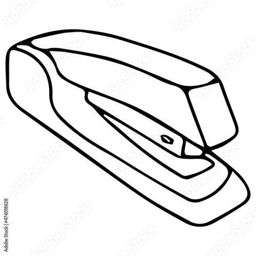 Vector image of a stapler for the office. Black outline, doodle. Logo. Fastening of sheets.