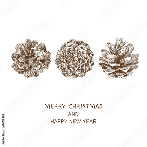 Cone sketch. Merry Christmas and Happy New Year card. Hand drawn pine cone