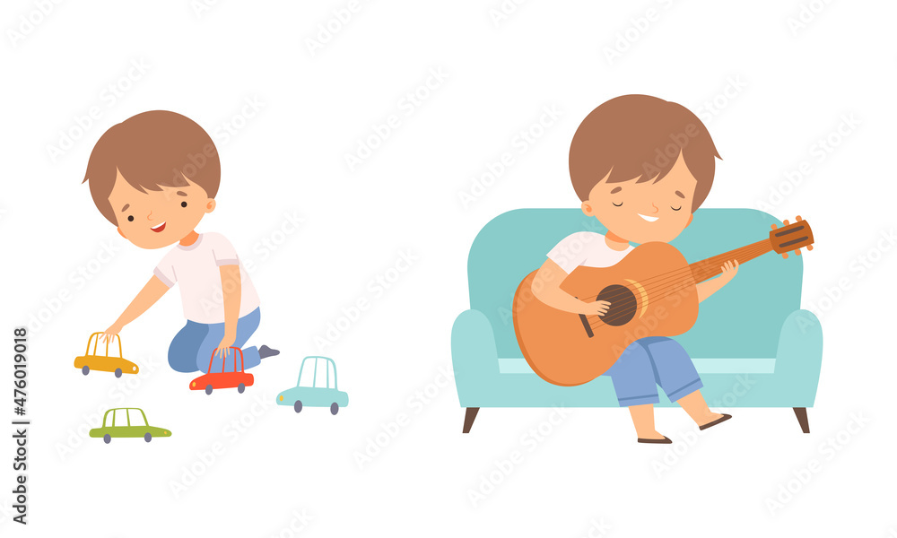 Little Boy Playing Toy Car on the Floor in Playroom and Playing Guitar Sitting on Sofa Vector Set Little Boy Playing Toy Car on the Floor in Playroom and Playing Guitar Sitting on Sofa Vector Set