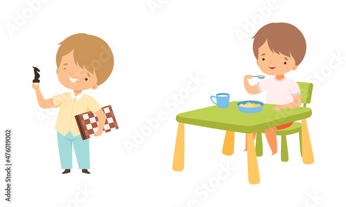 Little Boy with Chess Piece and Board and Eating Breakfast at Table Vector Set