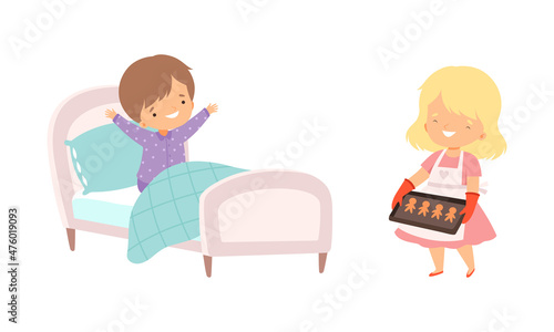 Little Boy Getting Up from Bed in the Morning and Girl with Baked Cookies Vector Set