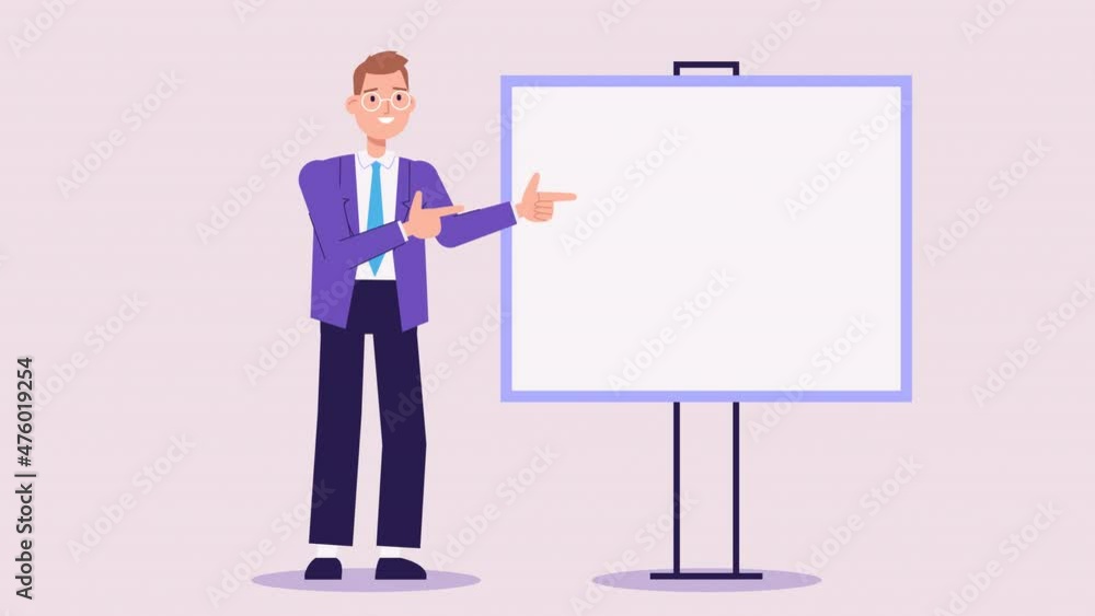 businessman character stands at empty flip chart board for presentation and points at it. copy space for text. 2d modern cartoon style animation. template for explainer video, ads or banner businessman character stands at empty flip chart board for presentation and points at it. copy space for text. 2d modern cartoon style animation. template for explainer video, ads or banner