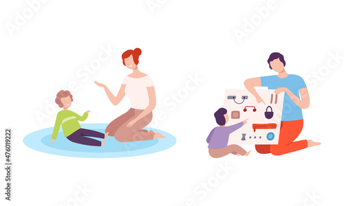 Young Dad and Mom with Kid Playing in Nursery Vector Set