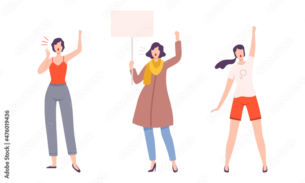 Young Woman Showing Placard Protesting with Banner for Feminine Empowerment Vector Set Young Woman Showing Placard Protesting with Banner for Feminine Empowerment Vector Set