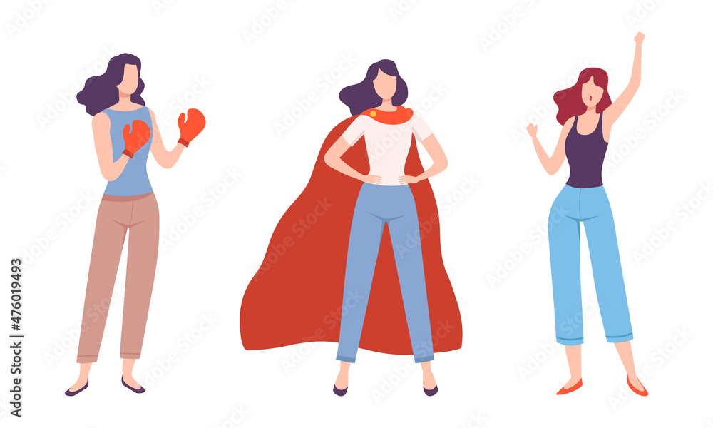 Young Woman in Cloak and Boxing Glove Protesting for Feminine Empowerment Vector Set Young Woman in Cloak and Boxing Glove Protesting for Feminine Empowerment Vector Set
