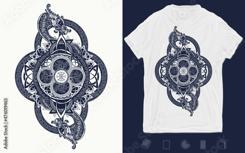 Celtic dragon tattoo and t-shirt design. Symbol of force, dream, magic. Vector graphics template. Hand drawn illustration