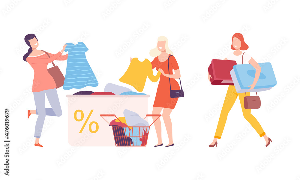 Female Customer Choosing Clothes in Fashion Store Vector Set Female Customer Choosing Clothes in Fashion Store Vector Set