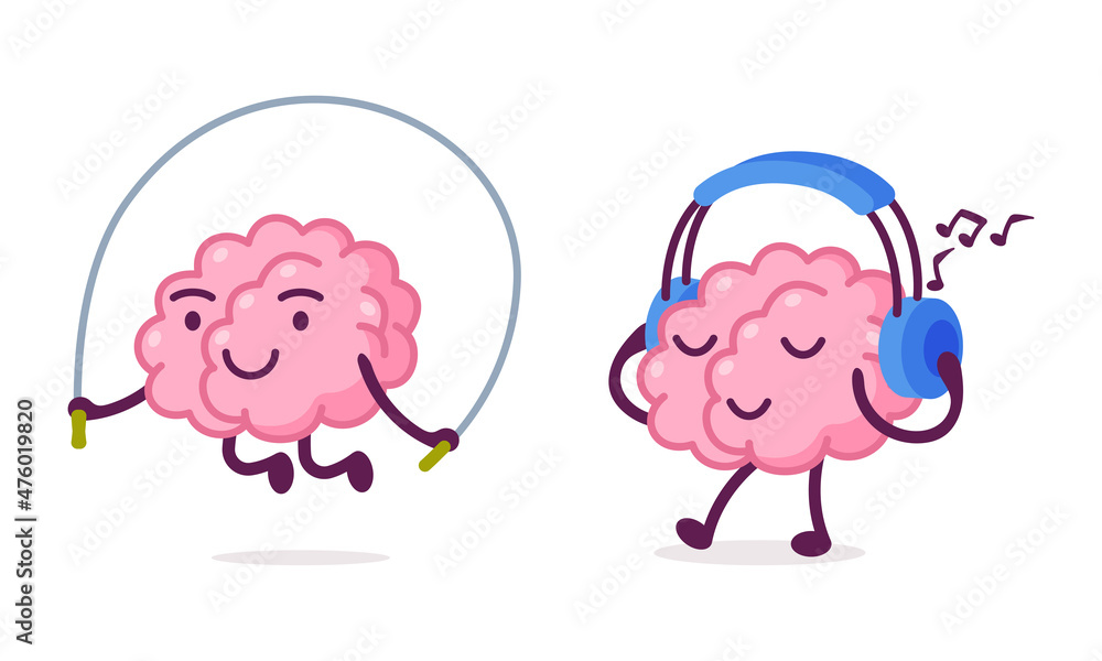 Obraz premium Funny Brain Character Skipping Rope and Listening to Music with Headphones Vector Set