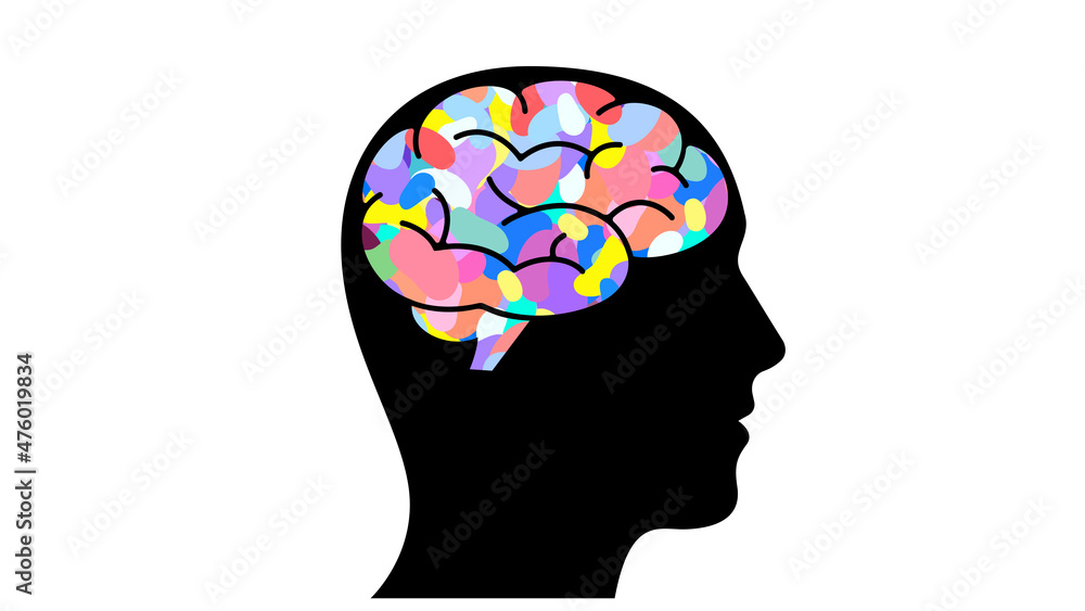 custom made wallpaper toronto digitalSilhouette of a person's head with a colorful brain representing creative thinking, new ideas, imagination and problem-solving.  Illustration of a healthy mind or practicing therapy, mindfulness.