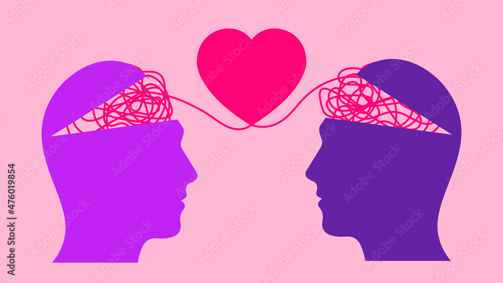 Great minds think alike, two heads brainstorming a new idea using Neurodiversity. Pink and orange colorful heads collaborating with strategic thinking. Problem-solving to create a lightbulb moment. Great minds think alike, two heads brainstorming a new idea using Neurodiversity. Pink and orange colorful heads collaborating with strategic thinking. Problem-solving to create a lightbulb moment.