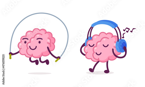 Funny Brain Character Skipping Rope and Listening to Music with Headphones Vector Set