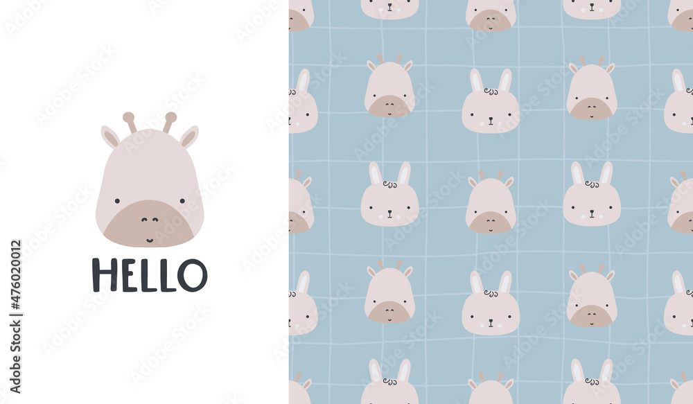 Cute seamless patterns and lettering - hello. Giraffe face. Creative childish print for fabric, wrapping, textile, wallpaper, apparel. Vector cartoon illustration in pastel colors