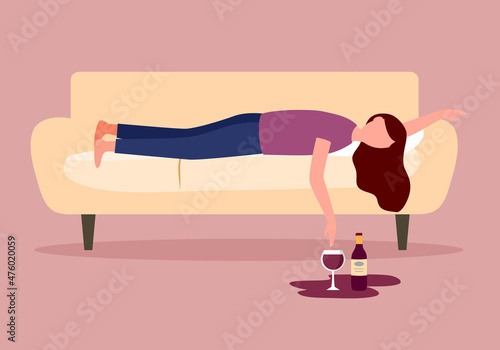 Drunk woman sleeping on sofa with wine glass and alcohol bottle on the floor in flat design. Alcoholic character. Alcohol addiction.