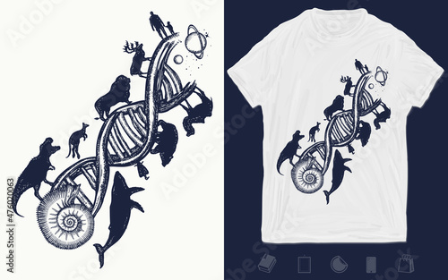 Evolution scale from unicellular organism to mammals. Symbol of science, education, medical technologies. People and animals on DNA chains, surreal t-shirt design. Vector graphics template