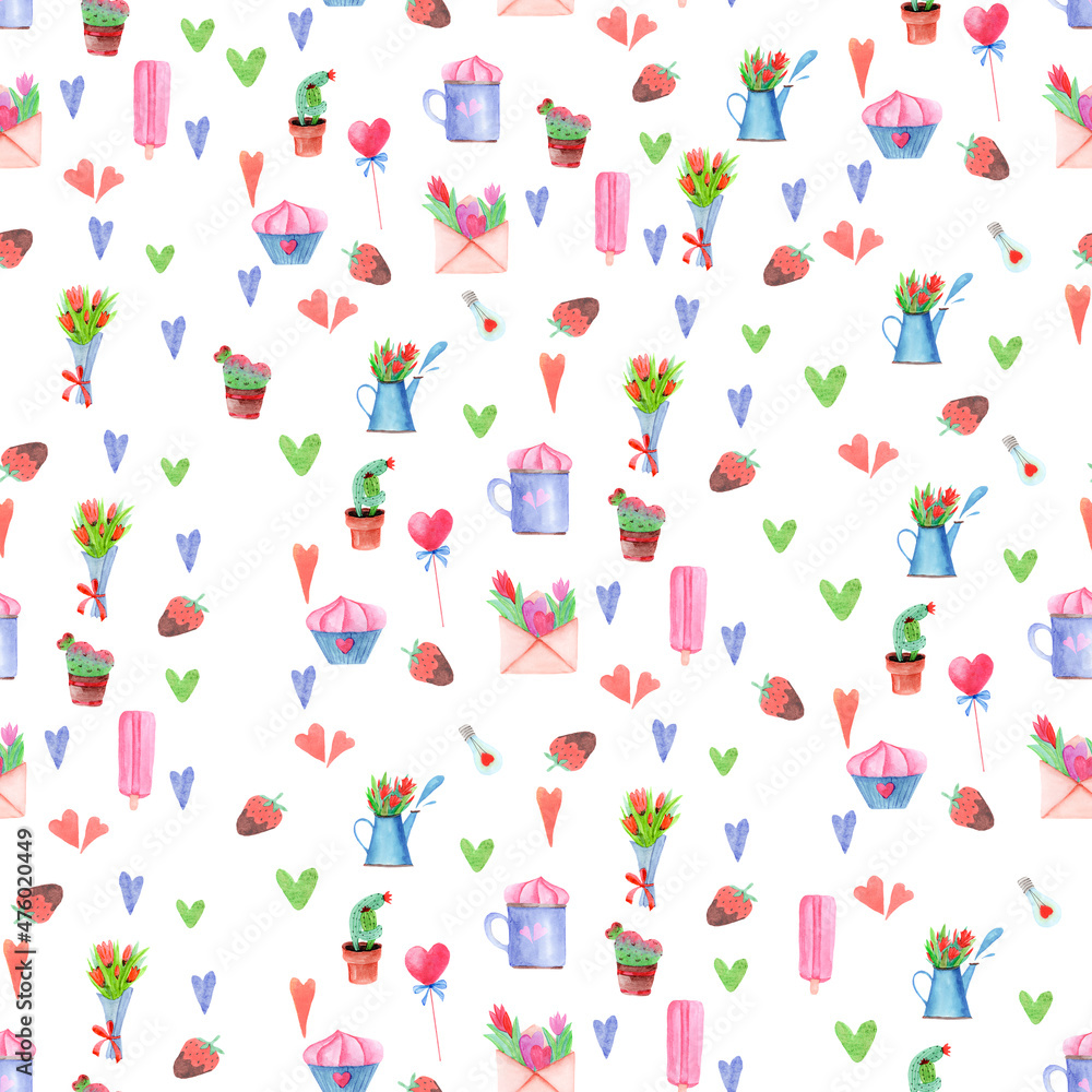 watercolor pattern with bouquets of tulips and romantic cacti for valentine's day design, cacti, cupcakes, pink lollipop and bouquets of flowers, romantic template for design greeting cards.