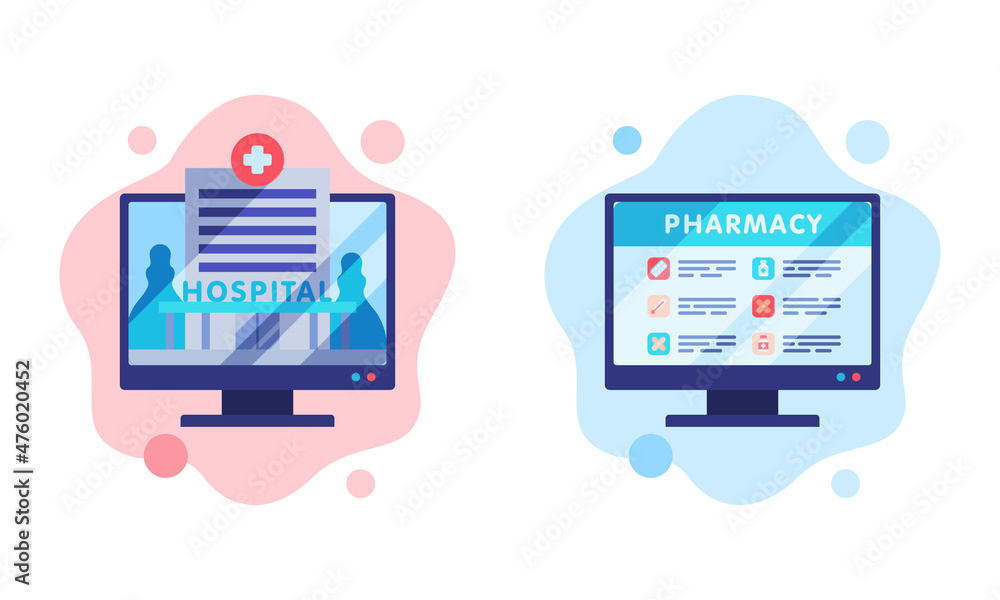 Healthcare and Pharmacy Mobile and Digital Service App on Computer Screen Vector Set