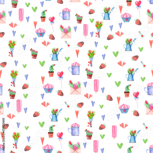 Fototapeta Naklejka Na Ścianę i Meble -  watercolor pattern with bouquets of tulips and romantic cacti for valentine's day design, cacti, cupcakes, pink lollipop and bouquets of flowers, romantic template for design greeting cards.